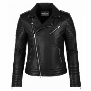 Men’s biker style black leather jacket with notch lapel collar, asymmetrical zipper closure, and three front zipper pockets.