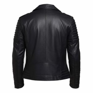 Men’s black leather biker jacket back view featuring shoulder epaulets and a clean open hem design