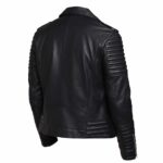 Men’s black leather biker jacket back view featuring shoulder epaulets and a clean open hem design