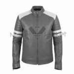 Front View Of Men’s Grey Racer Leather Jacket Featuring snap collar, zipper closure, and quilted biker design in gray and white.