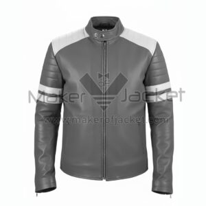 Front View Of Men’s Grey Racer Leather Jacket Featuring snap collar, zipper closure, and quilted biker design in gray and white.