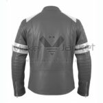 Back View Of Men’s Grey Racer Leather Jacket featuring quilted detailing and stylish gray and white biker design.
