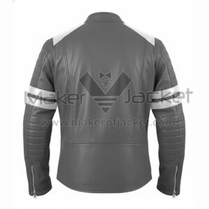 Back View Of Men’s Grey Racer Leather Jacket featuring quilted detailing and stylish gray and white biker design.