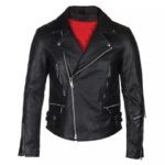 Men’s Slim Fit Black Leather Jacket Defector Edition front view with asymmetrical zipper, notch lapel collar, zipper pockets, and side buckles