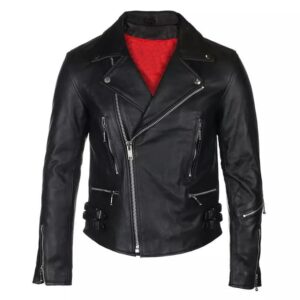 Men’s Slim Fit Black Leather Jacket Defector Edition front view with asymmetrical zipper, notch lapel collar, zipper pockets, and side buckles