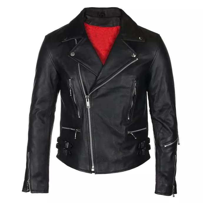 Men’s-Slim-Fit-Black-Leather-Jacket-–-Defector-Edition-1 Men’s Slim Fit Black Leather Jacket Defector Edition front view with asymmetrical zipper, notch lapel collar, zipper pockets, and side buckles