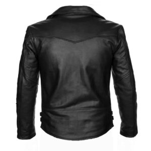 Men’s Slim Fit Black Leather Jacket Defector Edition back view featuring sleek slim fit design with plain black leather finish and side buckle details