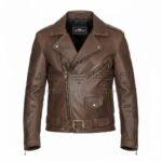 Men’s vintage distressed brown biker leather jacket front view with asymmetrical zipper, notch lapel collar, belted waist, and zipper pockets.