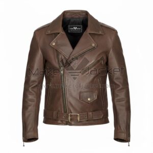 Men’s vintage distressed brown biker leather jacket front view with asymmetrical zipper, notch lapel collar, belted waist, and zipper pockets.