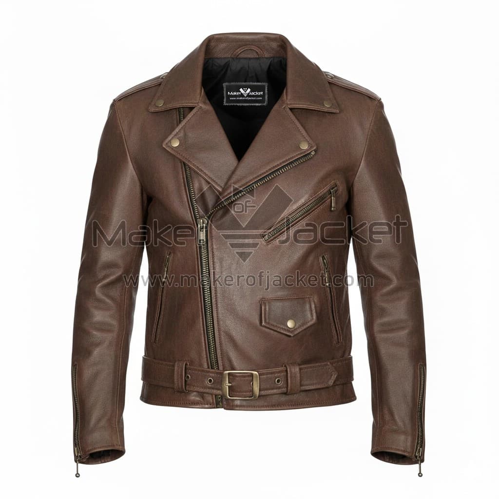 Men’s-Vintage-Distressed-Brown-Biker-Leather-Jacket-1 Men’s vintage distressed brown biker leather jacket front view with asymmetrical zipper, notch lapel collar, belted waist, and zipper pockets.