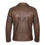 Men’s vintage distressed brown biker leather jacket back view with distressed finish, shoulder epaulets, and adjustable belt waistband.