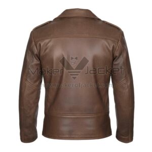 Men’s vintage distressed brown biker leather jacket back view with distressed finish, shoulder epaulets, and adjustable belt waistband.
