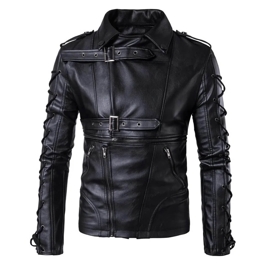 Men's Zipper Belted Designing Black Leather Jacket (1) Men's Zipper Belted Designing Black Leather Jacket