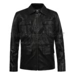 Front View of The Vampire Diaries Damon Salvatore Jacket featuring a pointed collar, a central zipper, and four front flap pockets.