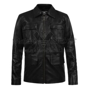 Front View of The Vampire Diaries Damon Salvatore Jacket featuring a pointed collar, a central zipper, and four front flap pockets.