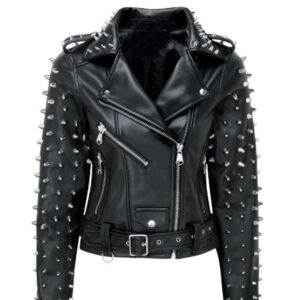 Front view of Billie studded biker leather jacket