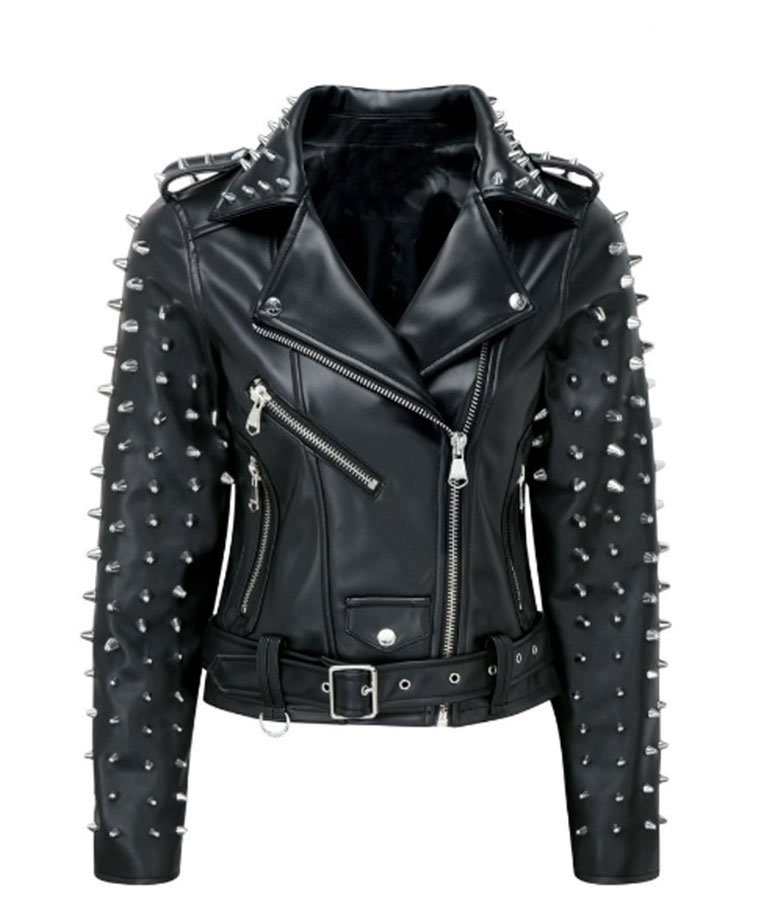 Front view of Billie studded biker leather jacket Front view of Billie studded biker leather jacket