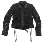 Front view of black gold studded biker leather jacket in premium leather