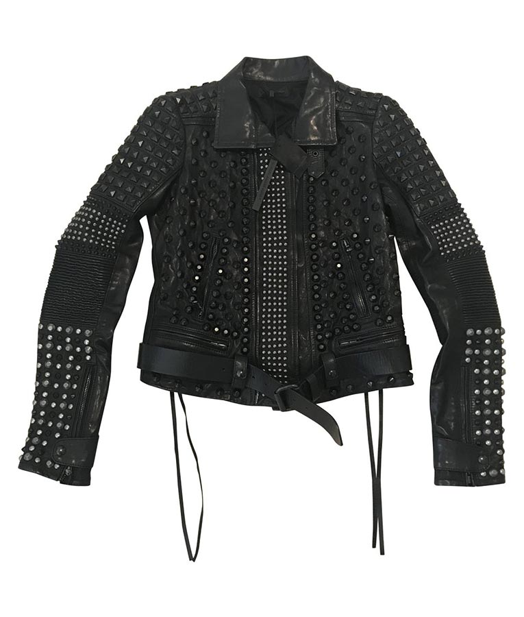 Front view of black gold studded biker leather jacket in premium leather Front view of black gold studded biker leather jacket in premium leather