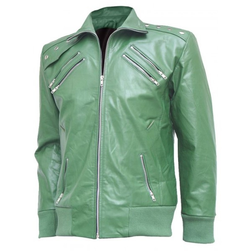 Charming Green Leather Bomber Jacket Charming Green Leather Bomber Jacket