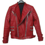 Leather Ribbed Red Biker Jacket