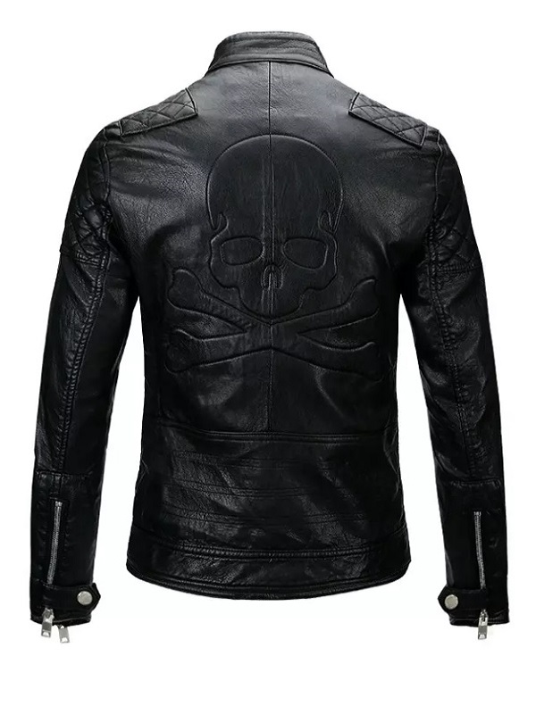 Back view showcasing skull artwork on leather jacket Back view showcasing skull artwork on leather jacket