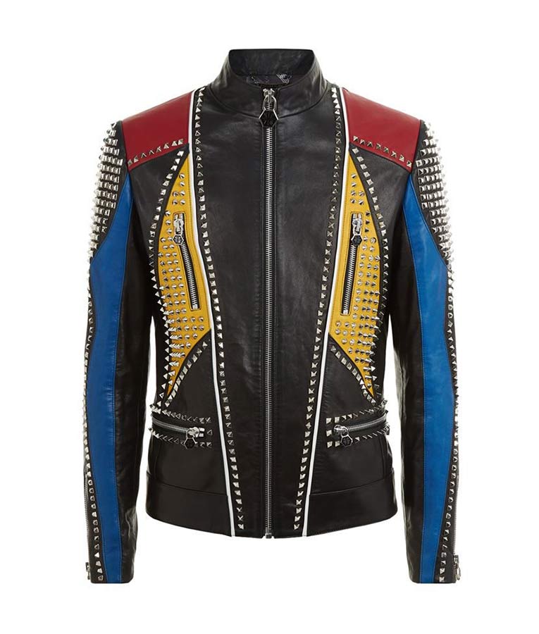 mens-multi-color-studded-slim-fit-leather-jacket (2) Men's Multi color Studded Slim fit Leather Jacket - Image 1
