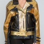 Two Tone Leather Golden Small Studded Belted Jacket