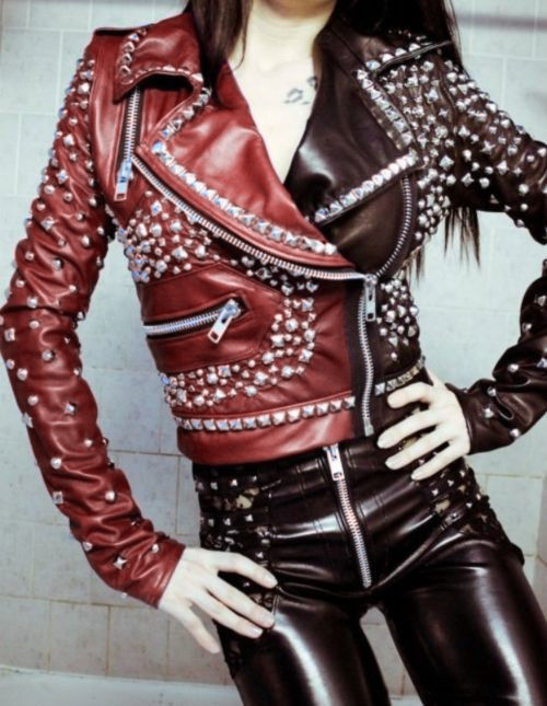 s-l1600 Women's Two Tone Genuine Biker Leather Studded Jacket - Image 1