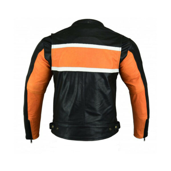 Men Black Orange Biker White Stripes Safety Pads Jacket - Image 2