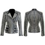 Black Leather Silver Full Studded Belted Waist Jacket