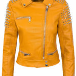 Front view of yellow biker premium leather studded jacket with classic lapels