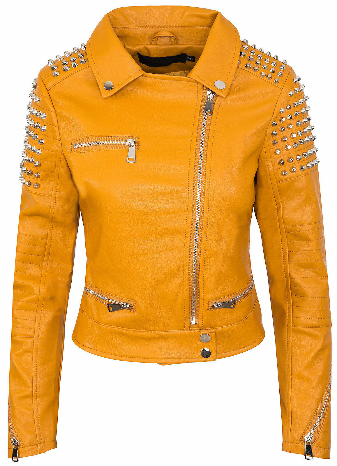 Front view of yellow biker premium leather studded jacket with classic lapels Front view of yellow biker premium leather studded jacket with classic lapels