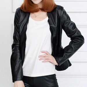 V-Neck Collar Black Color Leather Jacket