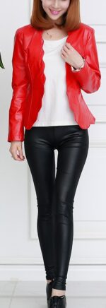 V-Neck Collar Red Color Leather Jacket - Image 2