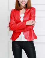 V-Neck Collar Red Color Leather Jacket