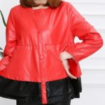 Women Black and Red Contrast Slim Pleated Soft Leather Jacket