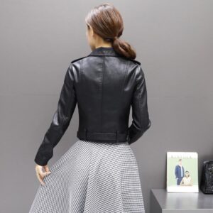 Back design of women’s black moto jacket