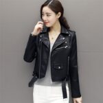 Women’s black leather motorcycle jacket with zipper front