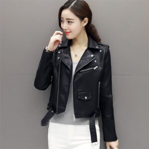 Women’s black leather motorcycle jacket with zipper front