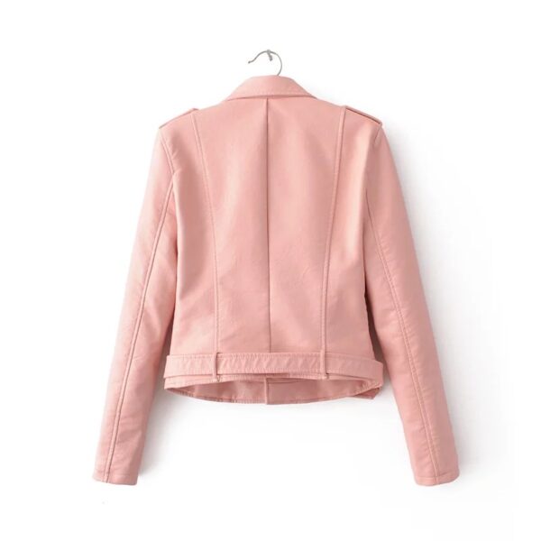 Back design of women’s pink moto jacket