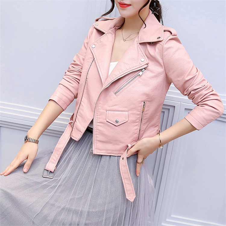 Model wearing pink leather motorcycle jacket Model wearing pink leather motorcycle jacket