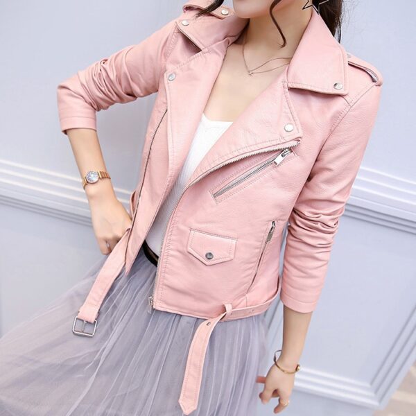 Women’s pink leather motorcycle jacket with zipper front