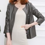 Women Short Grey Cropped Top Slim Causal Soft Leather Jacket