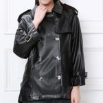 Black Double Breasted Button Short Leather Coat