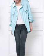 Double Breasted Button Short Blue Leather Coat - Image 3