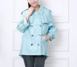 Double Breasted Button Short Blue Leather Coat