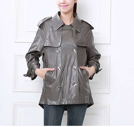 womens-double-breasted-long-grey-leather-coat (2) Gray Double Breasted Button Short Leather Coat - Image 1