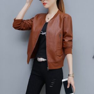 O-neck collar caramel color leather jacket