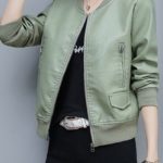 O-Neck Collar Green Color Leather Jacket